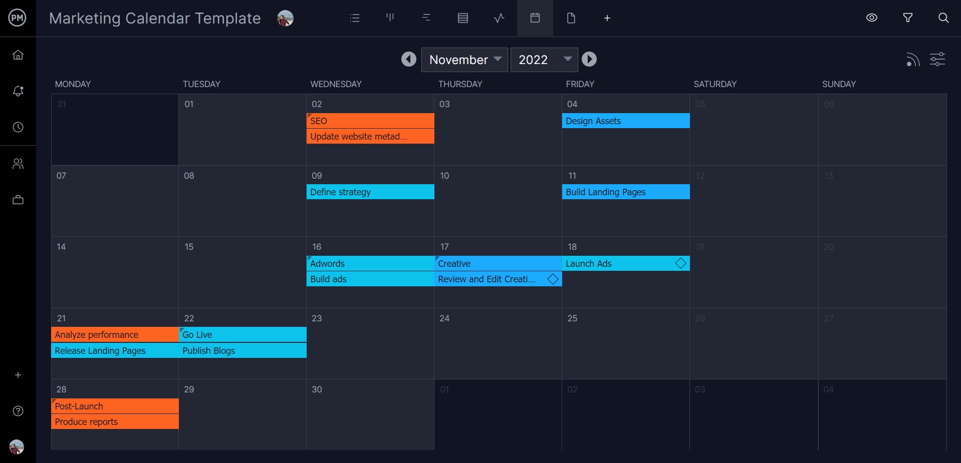 Marketing calendar in creative project management software