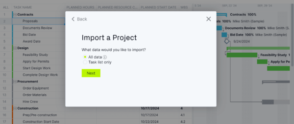 ProjectManager's import a project popup