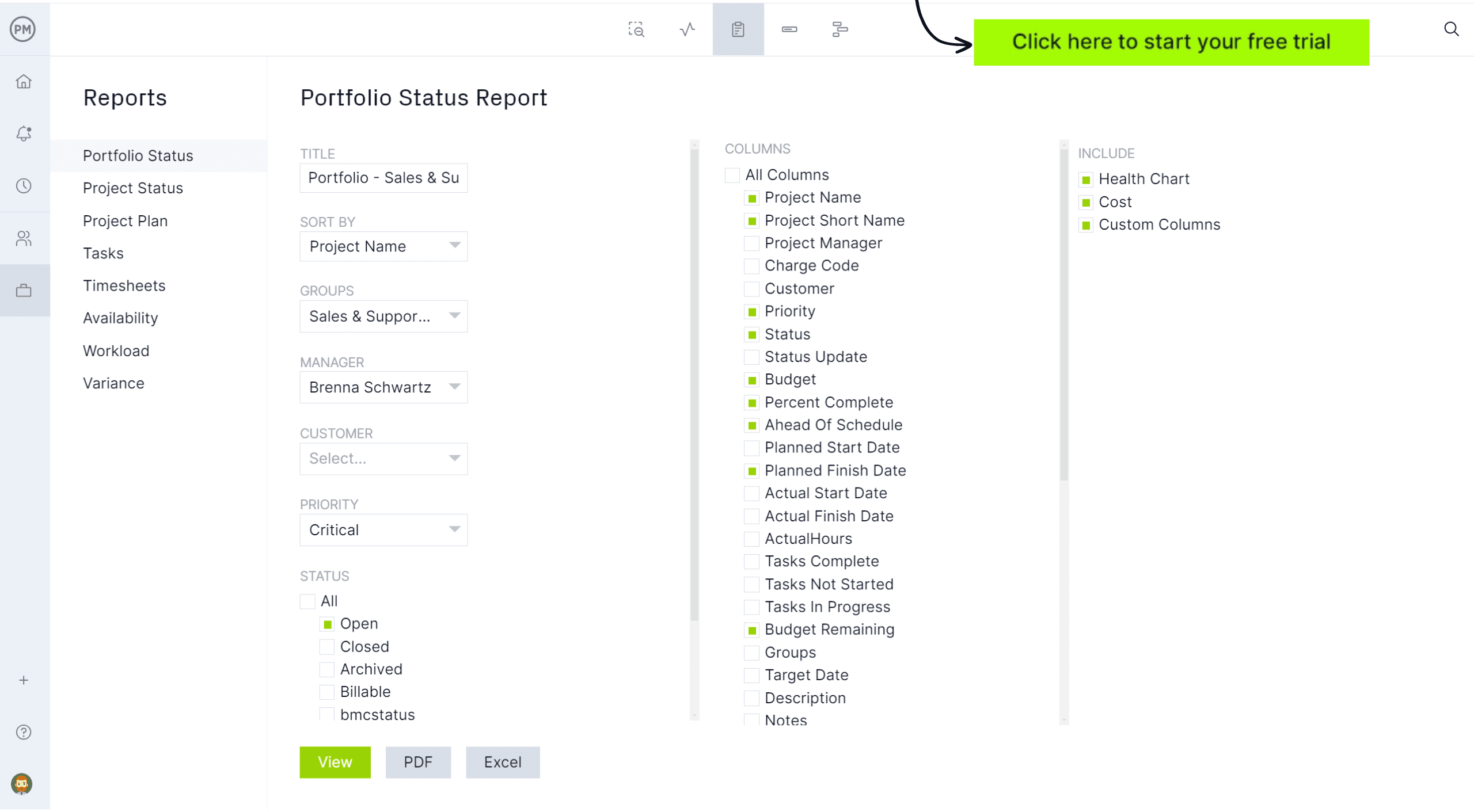 Portfolio status report ProjectManager