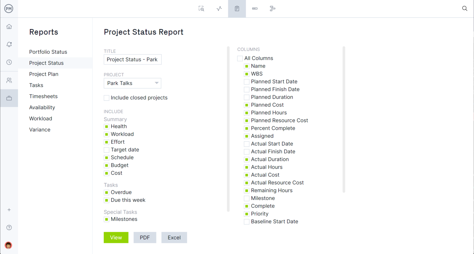 Project status report in ProjectManager