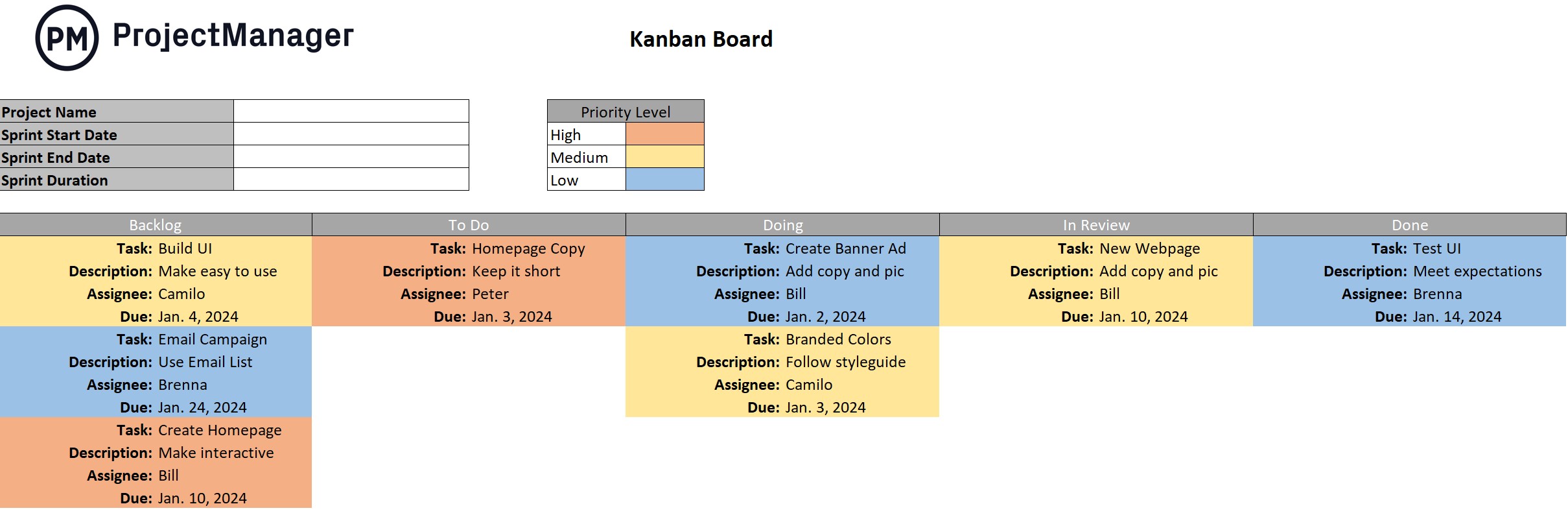 Kanban board scheduling template for Excel