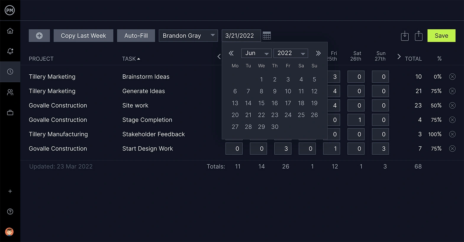 ProjectManager's timesheet