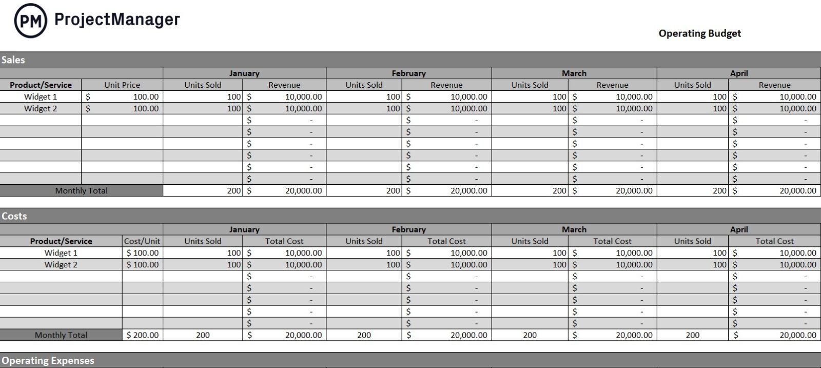 Operating Budget Template for Excel (Free Download)