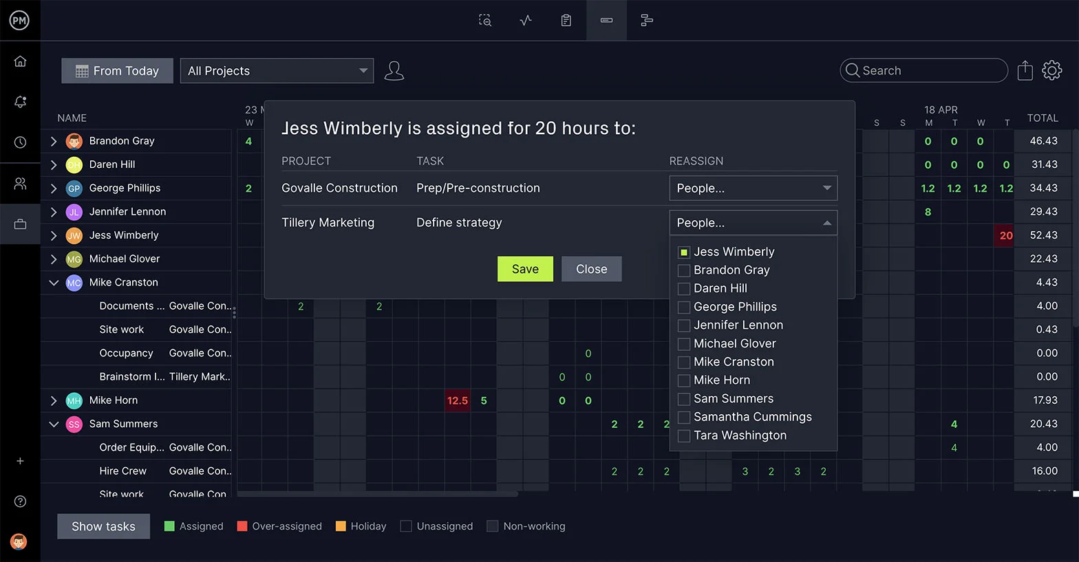 ProjectManager's timesheet with reassignment popup