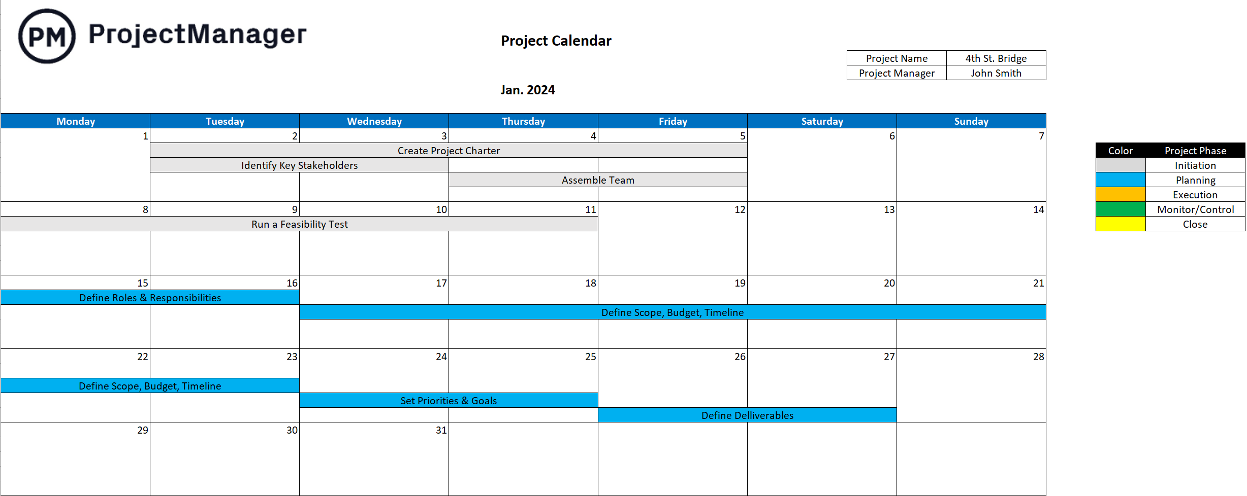 Project Calendar Template for Excel (Free Download)