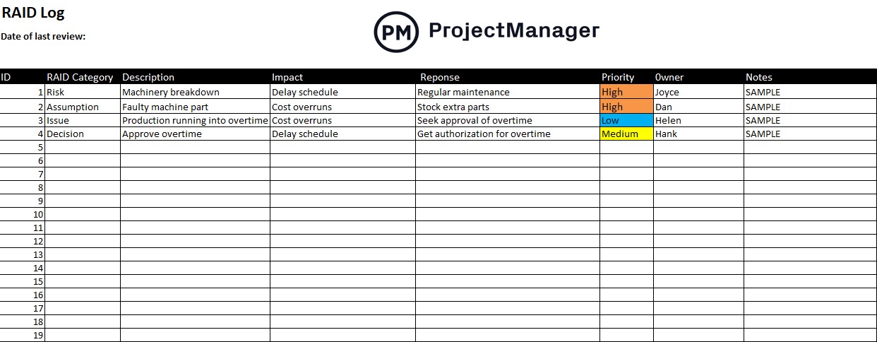 RAID Log template for project planning