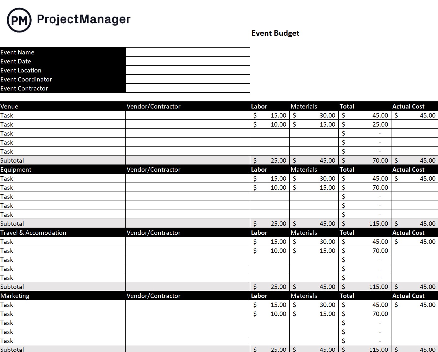 Free event budget template for Excel
