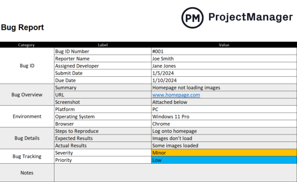 bug report tracking template for Excel