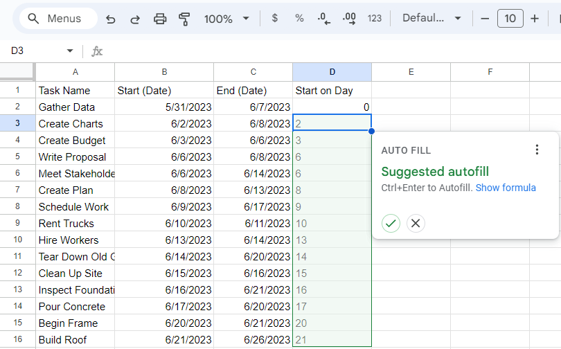 Gantt chart Google Sheets - autofill