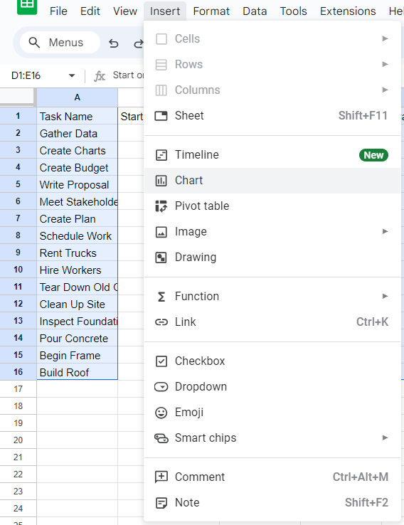 Gantt chart Google Sheets - insert chart