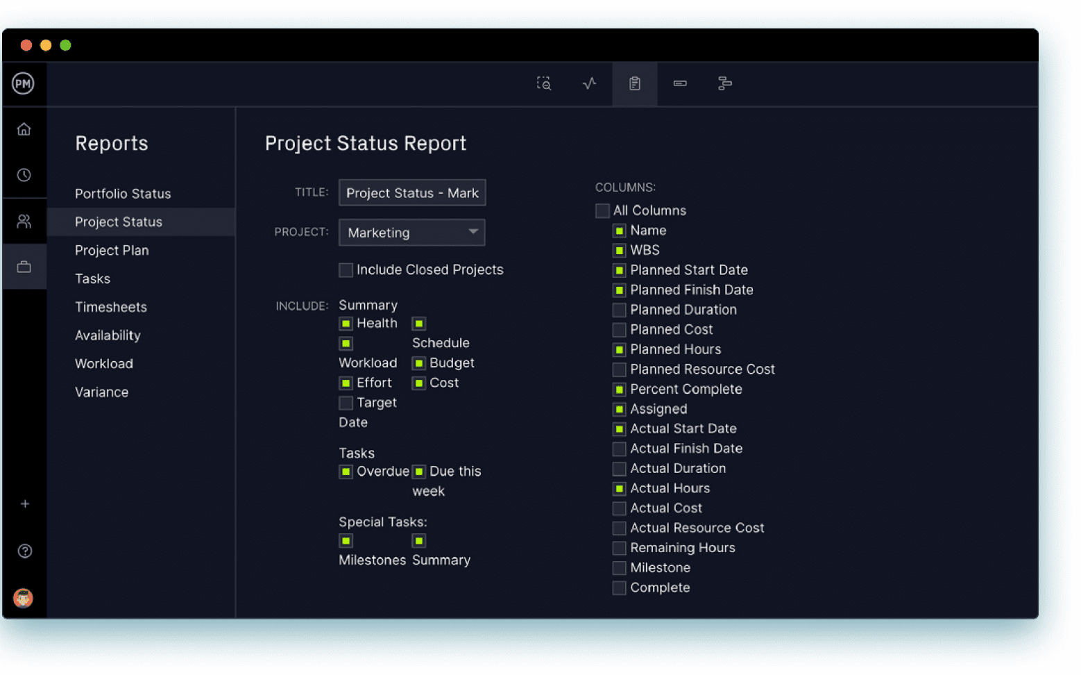 ProjectManager's status report filter