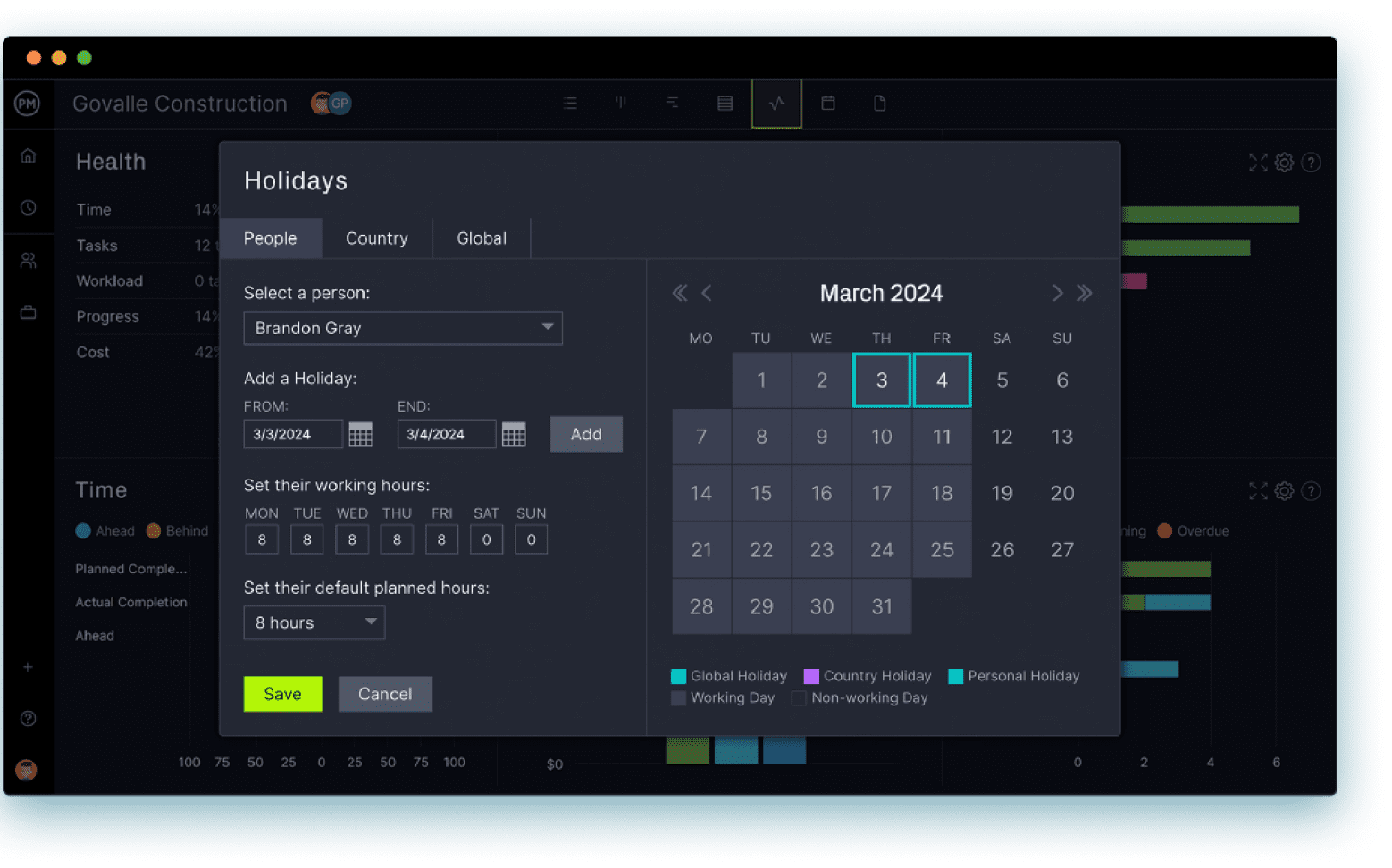 Resource planning software with global holiday settings