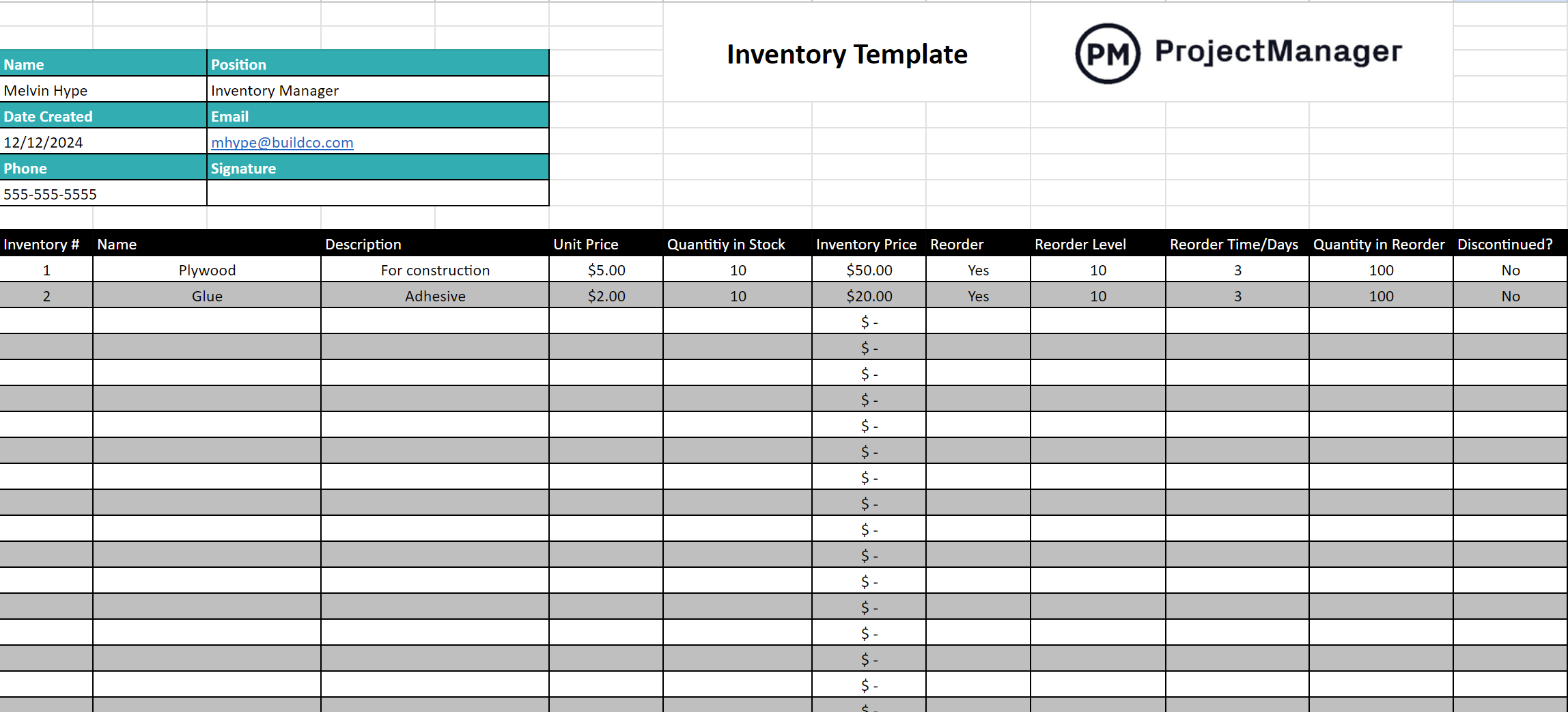 ProjectManager's inventory template