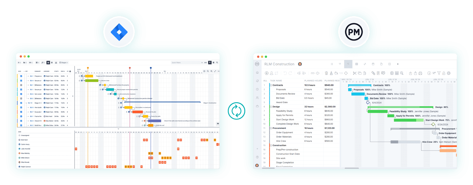 ProjectManager integrates with Jira, both software screenshots are shown side by side