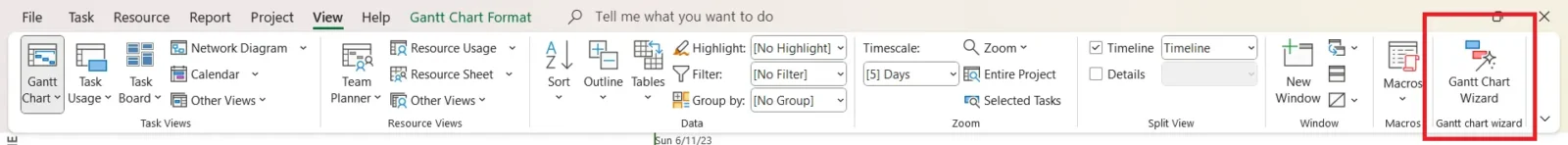 Microsoft Project Gantt chart wizard button in top menu