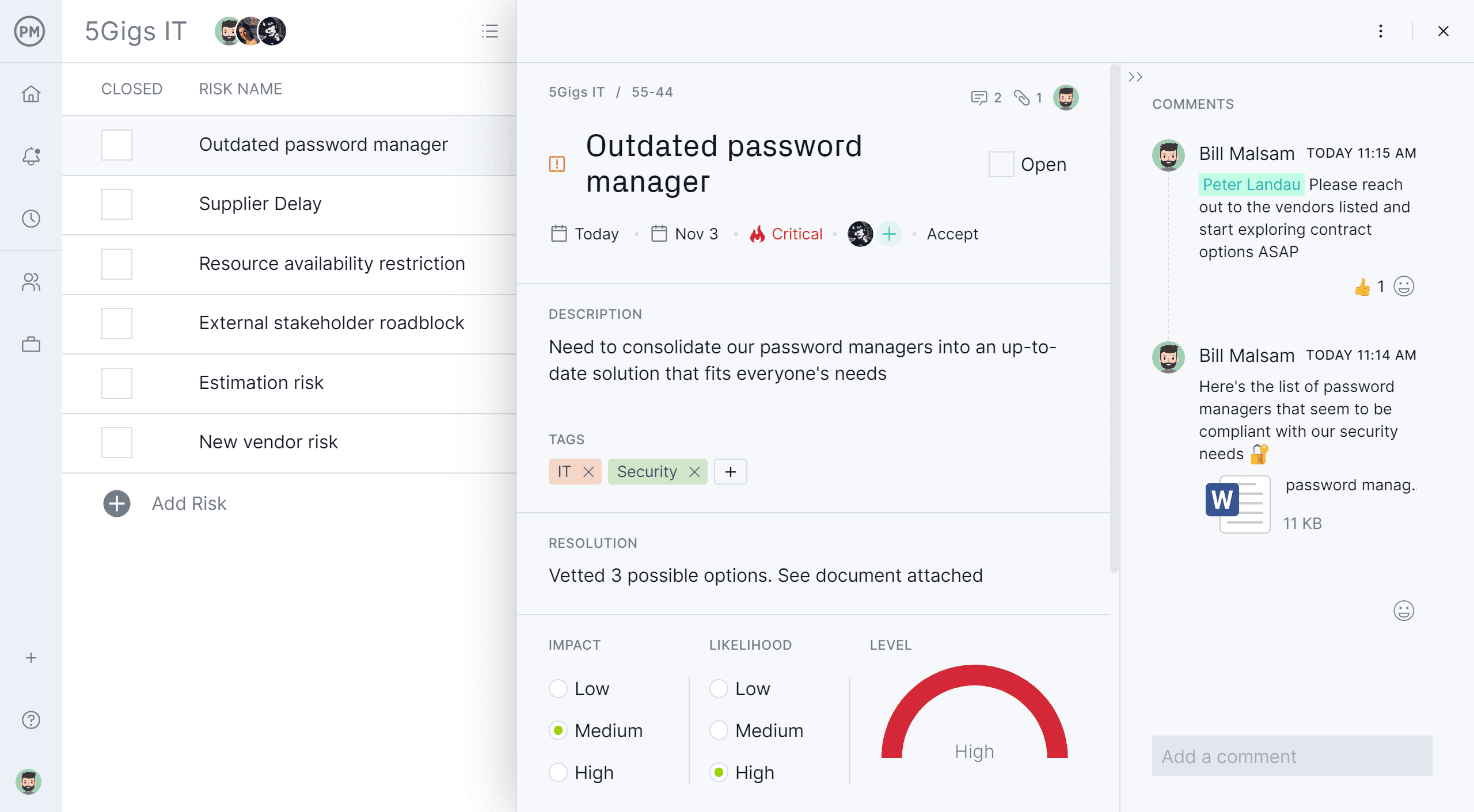 Risk management popup in ProjectManager