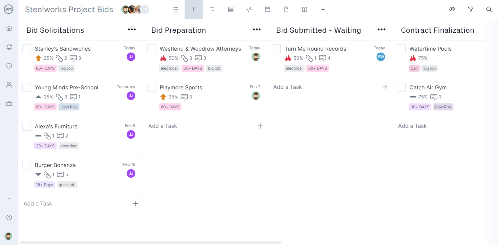 ProjectManager's kanban board showing construction bids