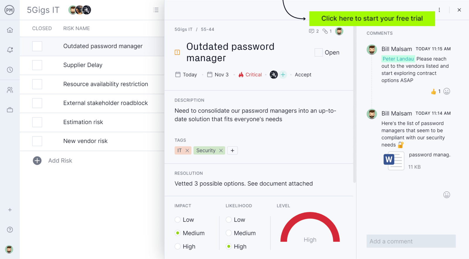 ProjectManager's risk assessment feature on its kanban board