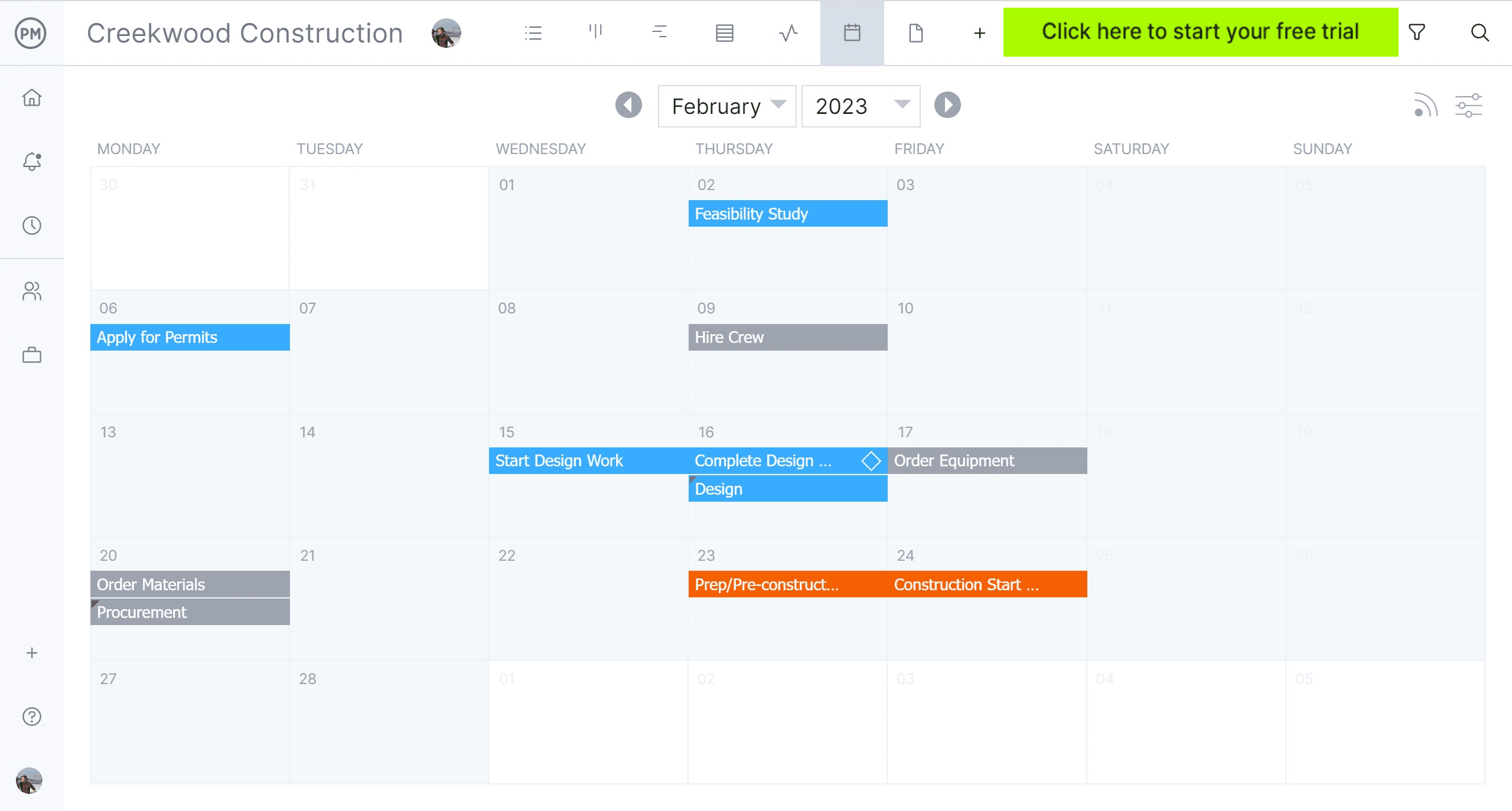 track an event plan on a calendar in ProjectManager