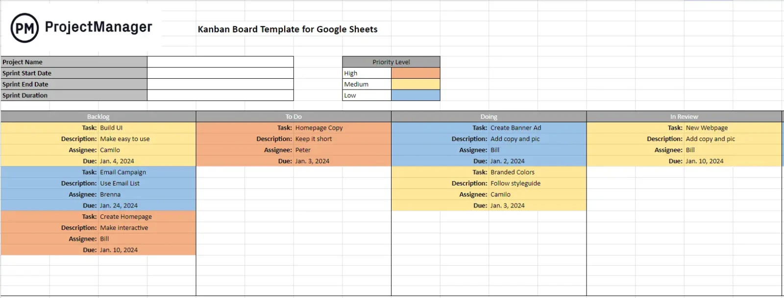 kanban board template for Google Sheets