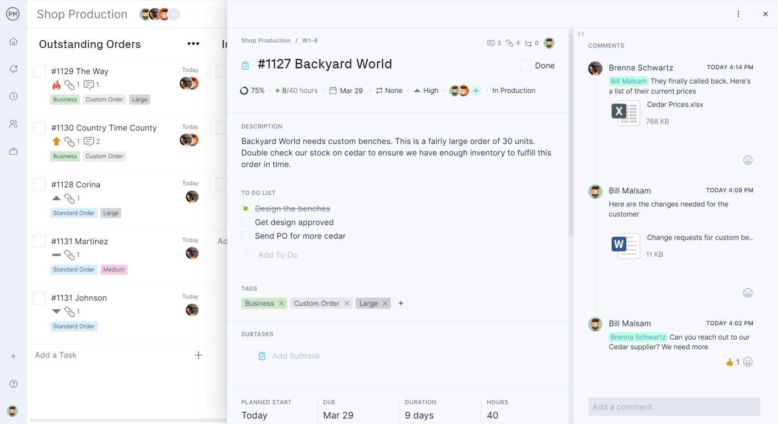 Kanban board with task card in ProjectManager