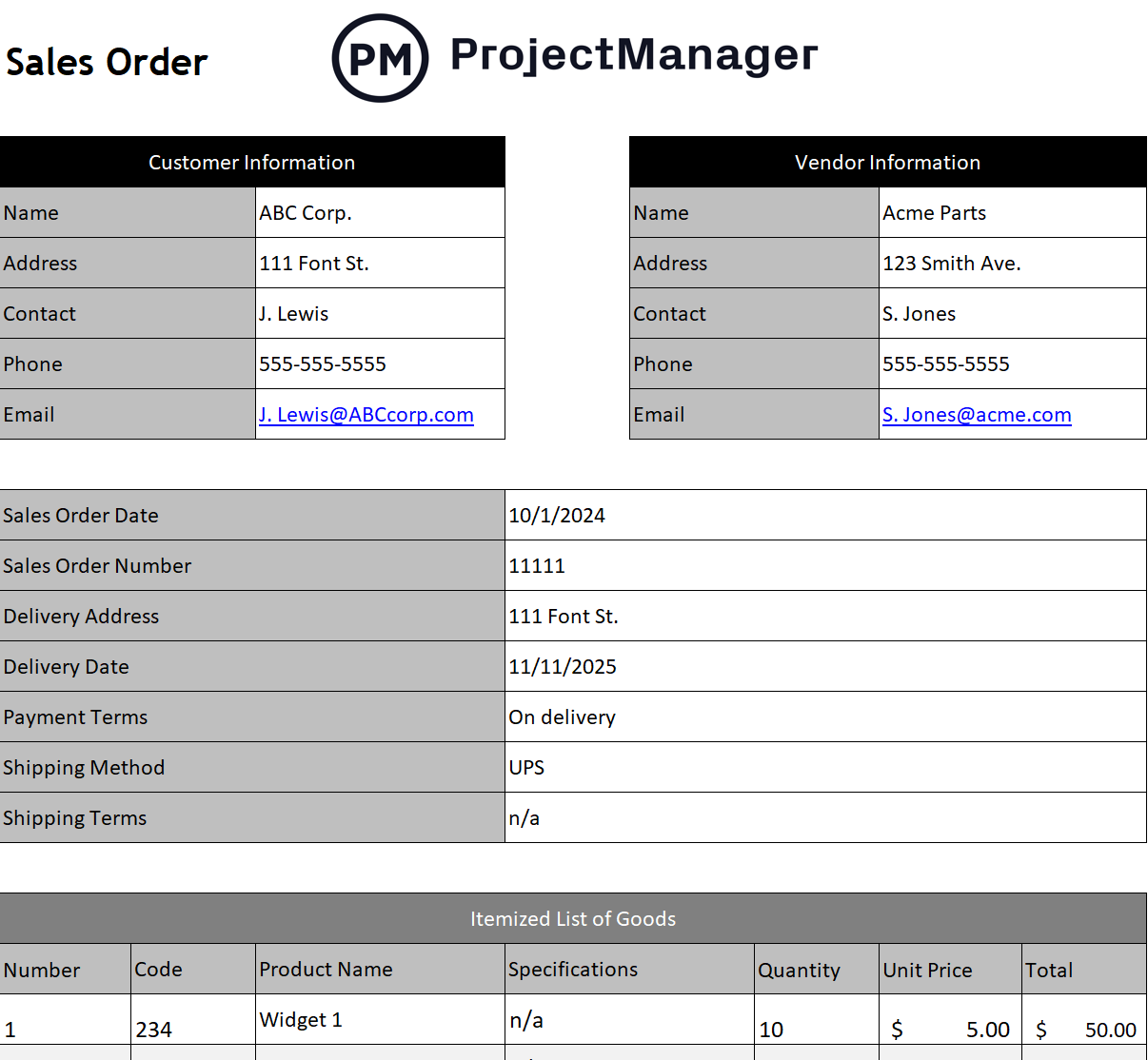 ProjectManager's sales order template