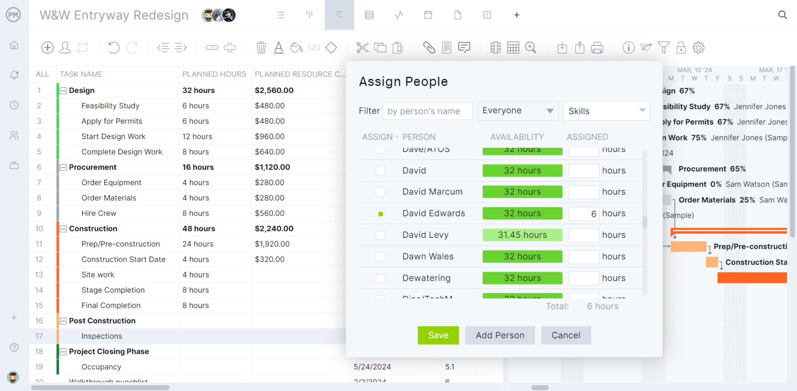 Allocate resources on the ProjectManager Gantt chart