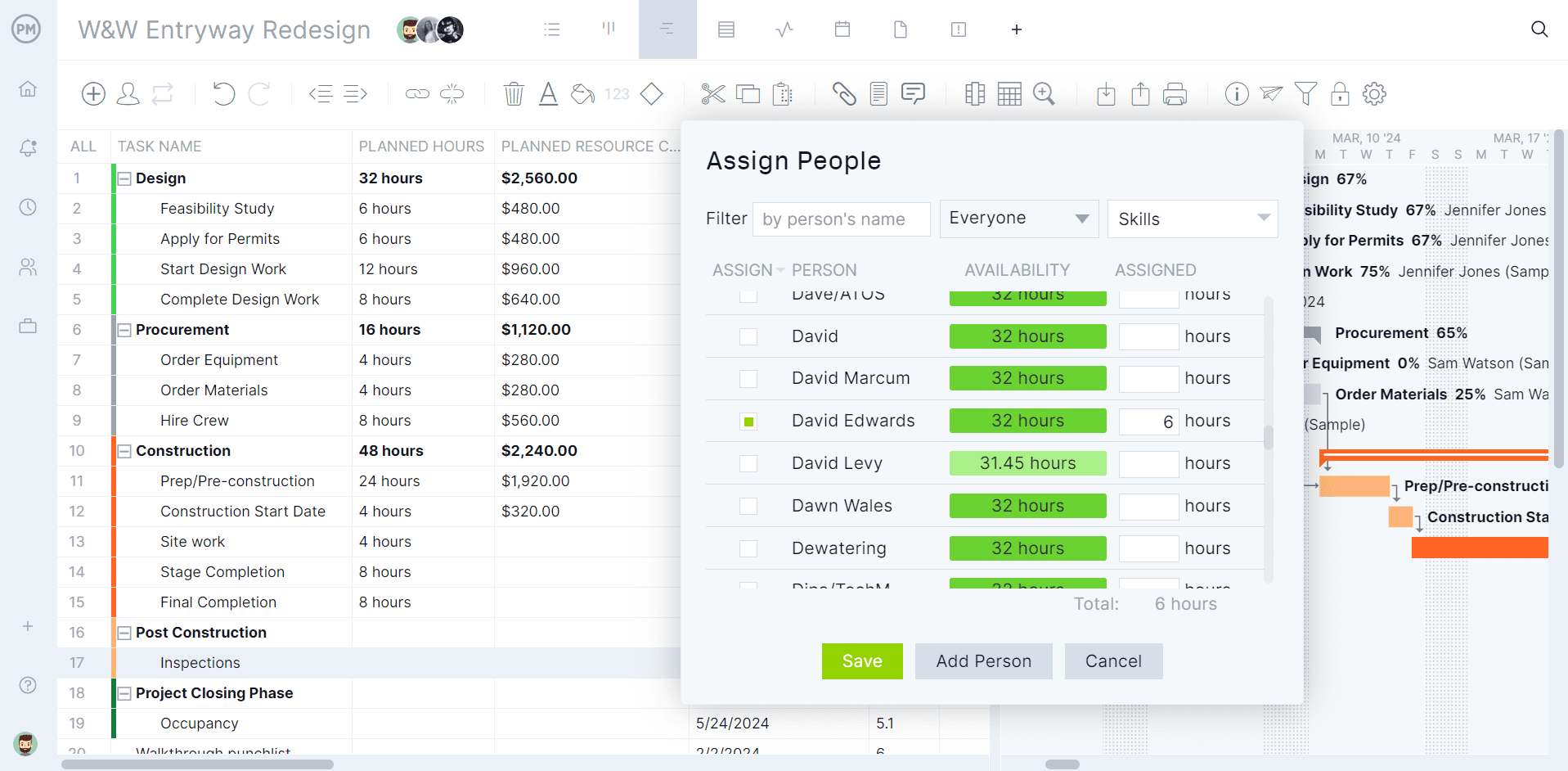 ProjectManager's Gantt showing a construction project plan task assignments