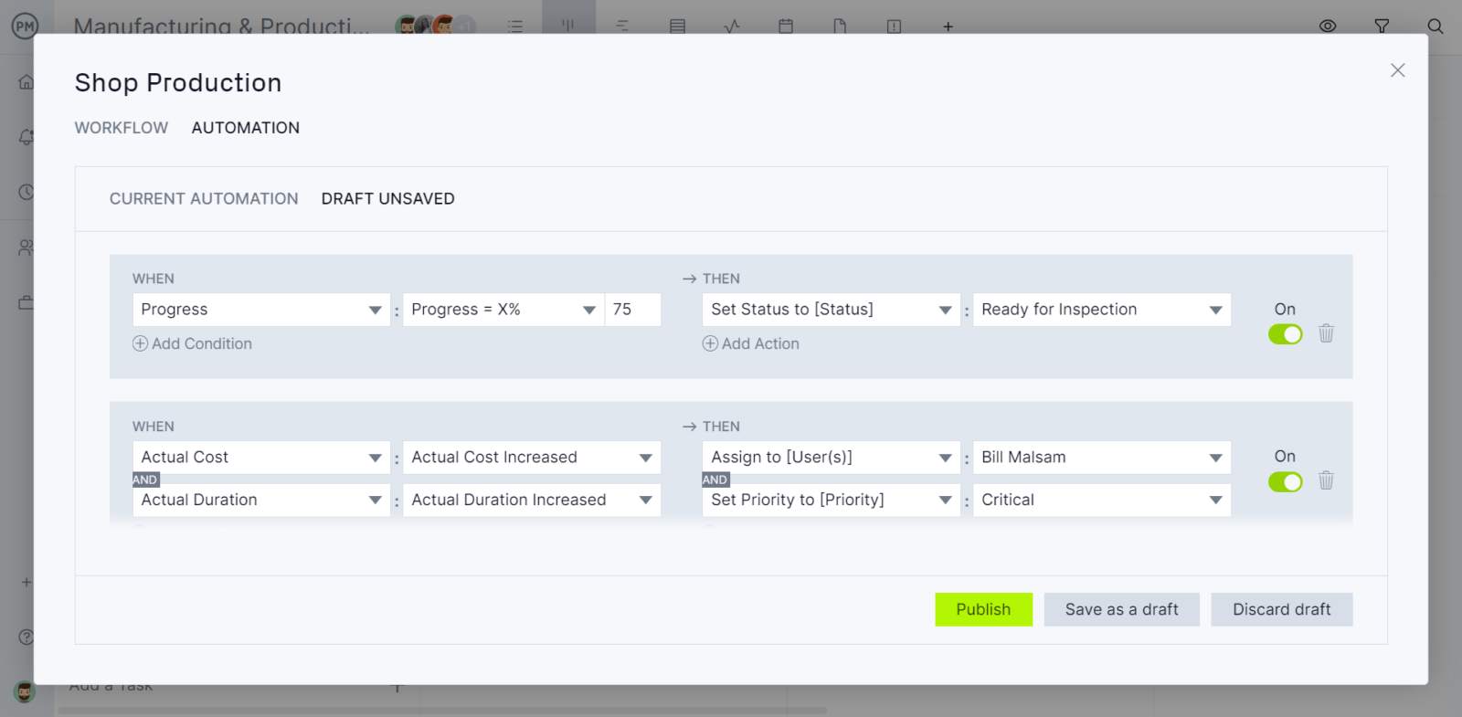 ProjectManager's workflow automation features shown in a pop up