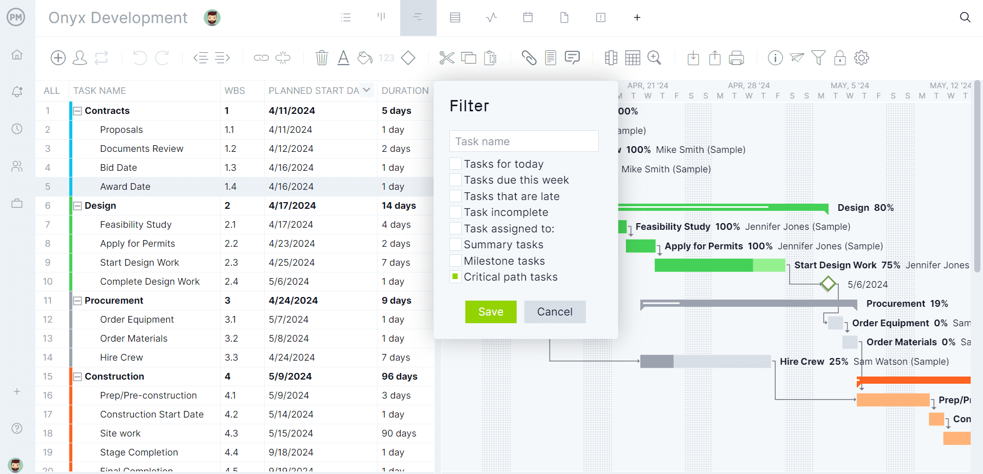 ProjectManager's construction schedule template with critical path filter