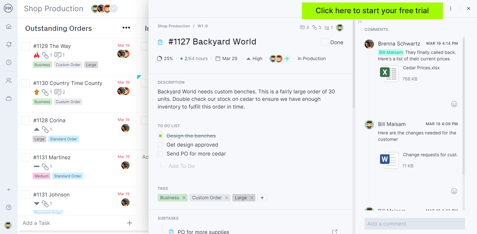 Kanban board in ProjectManager to for managing production processes