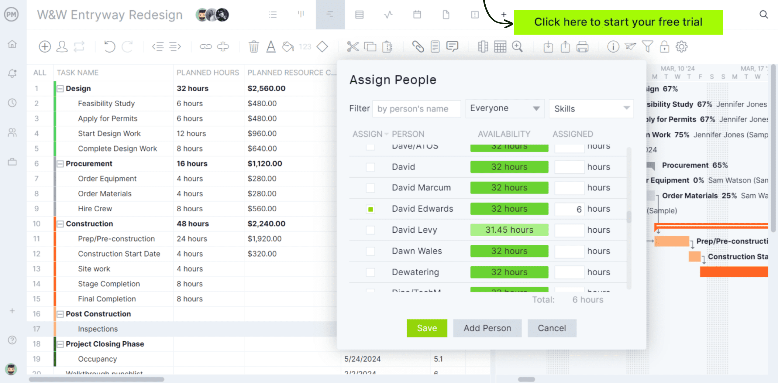 Assign people popup ProjectManager