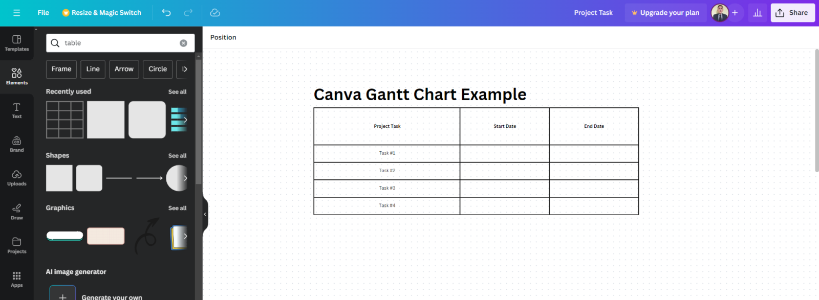 Inserting a table to make a Gantt chart task list in Canva