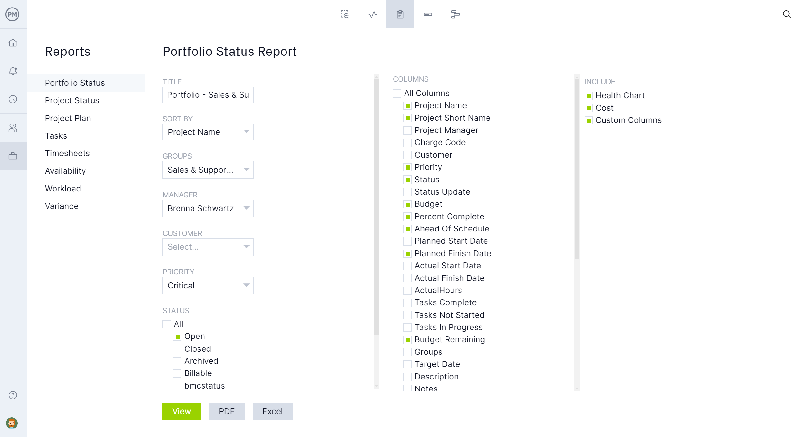 ProjectManager's portfolio status report filter