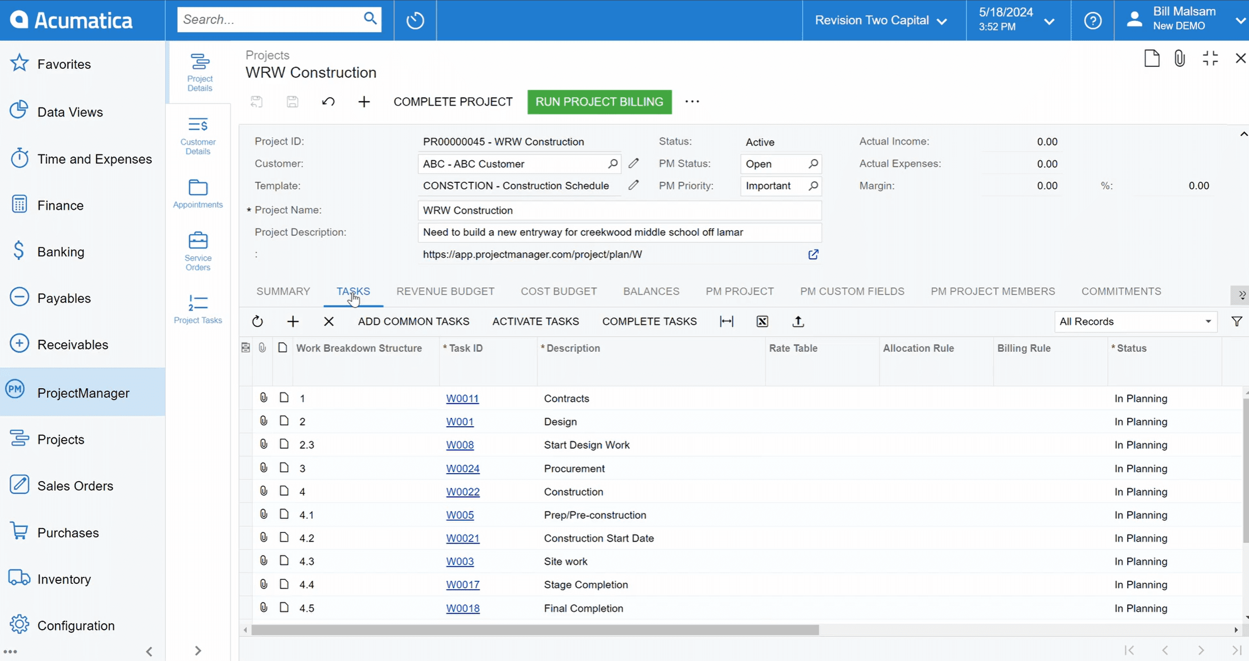 Acumatica project management screenshot of ProjectManager integration