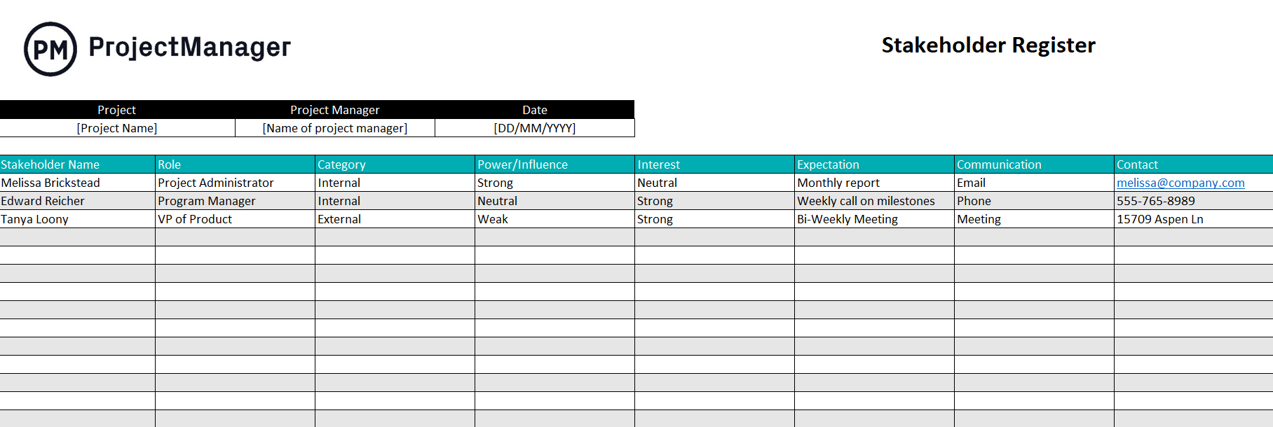 ProjectManager's stakeholder register template