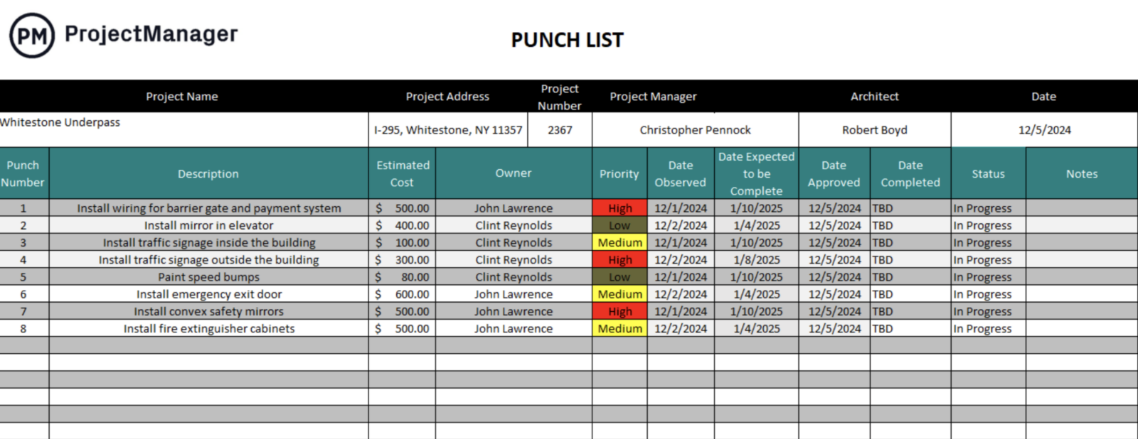 punch list example for Excel