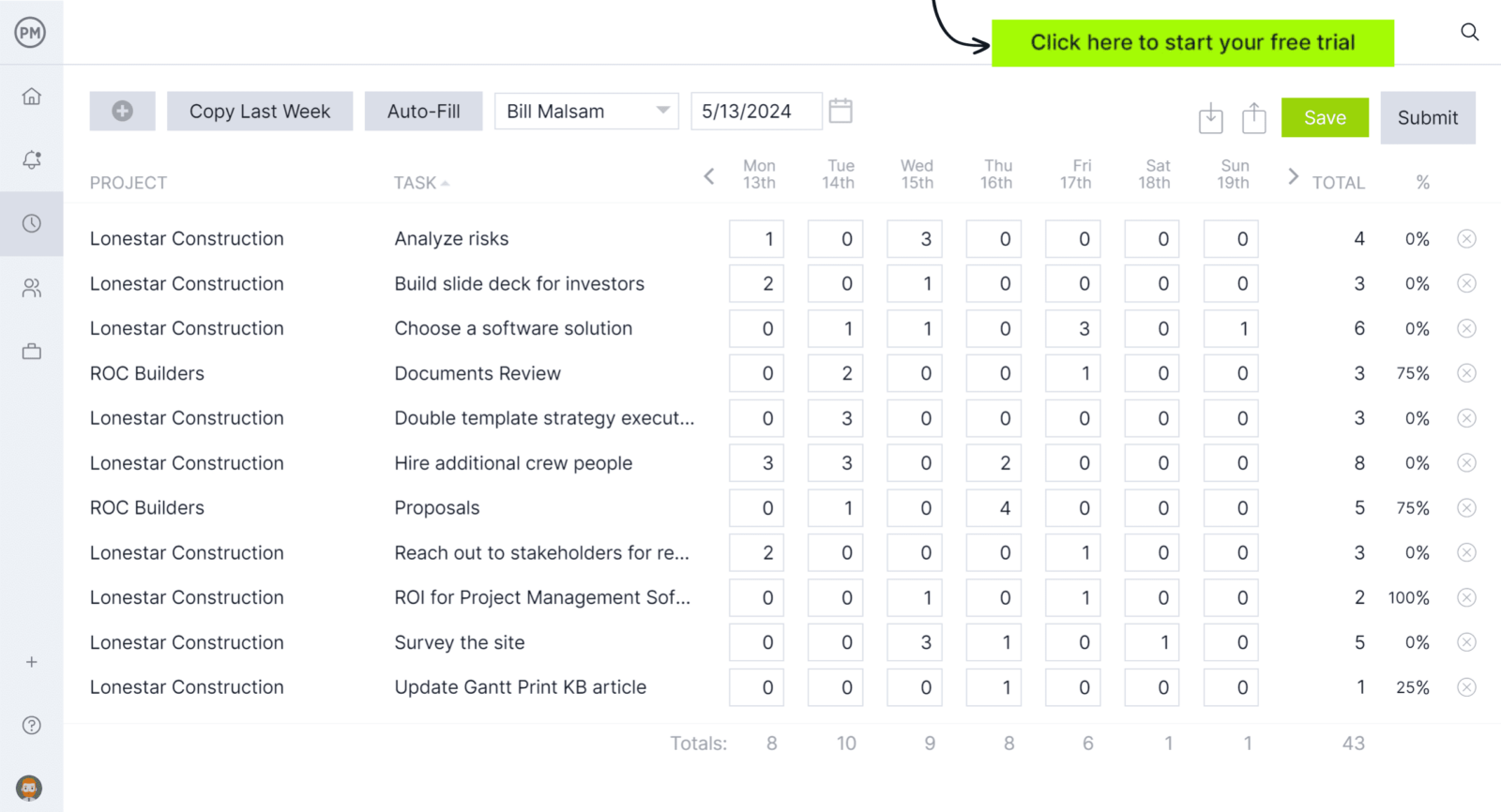 ProjectManager's online timesheet, a great tool to use in conjunction with a payment schedule template