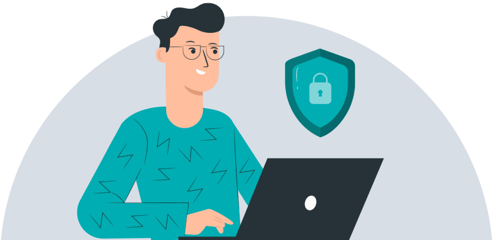 Illustration of person using a laptop with a security icon