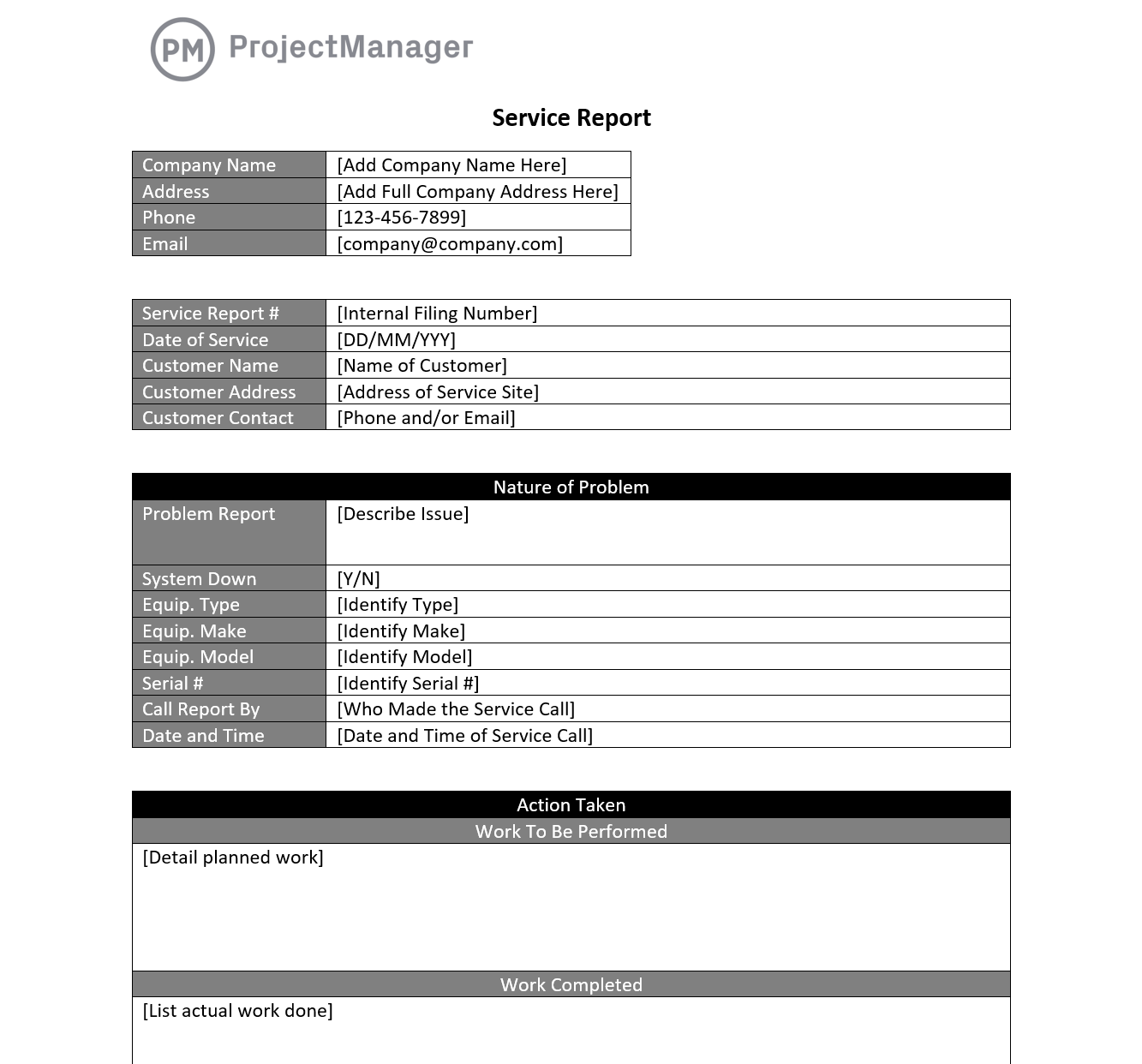 ProjectManager's service report template