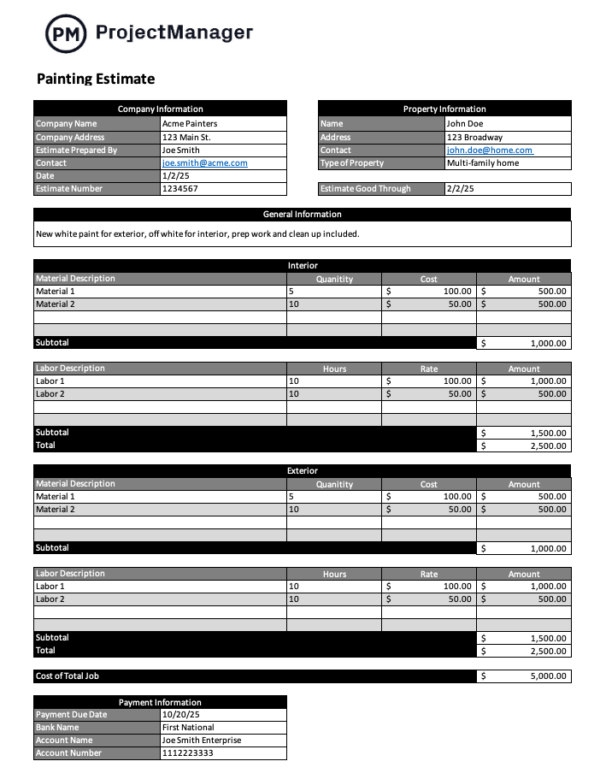 Painting estimate template for Word by ProjectManager