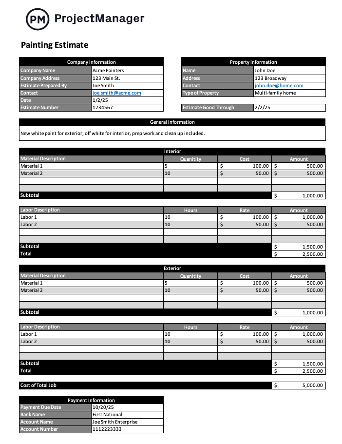 Free painting estimate template for Word