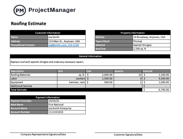 Roofing estimate template for Word by ProjectManager