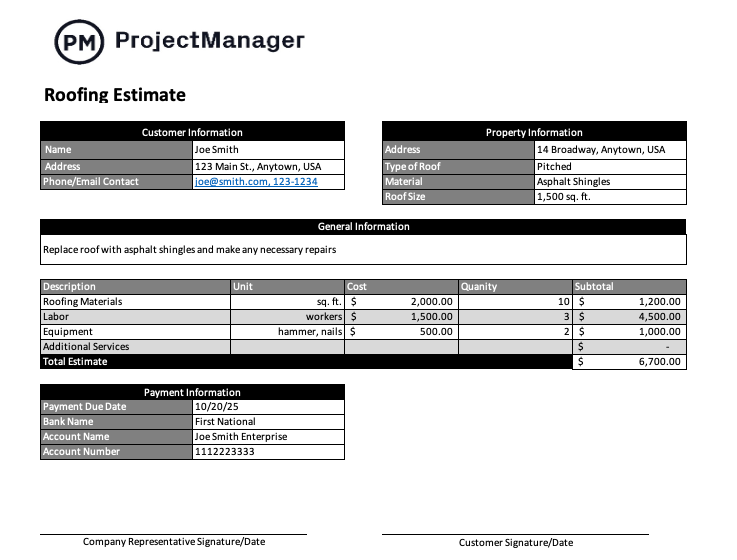 ProjectManager's roofing estimate contract