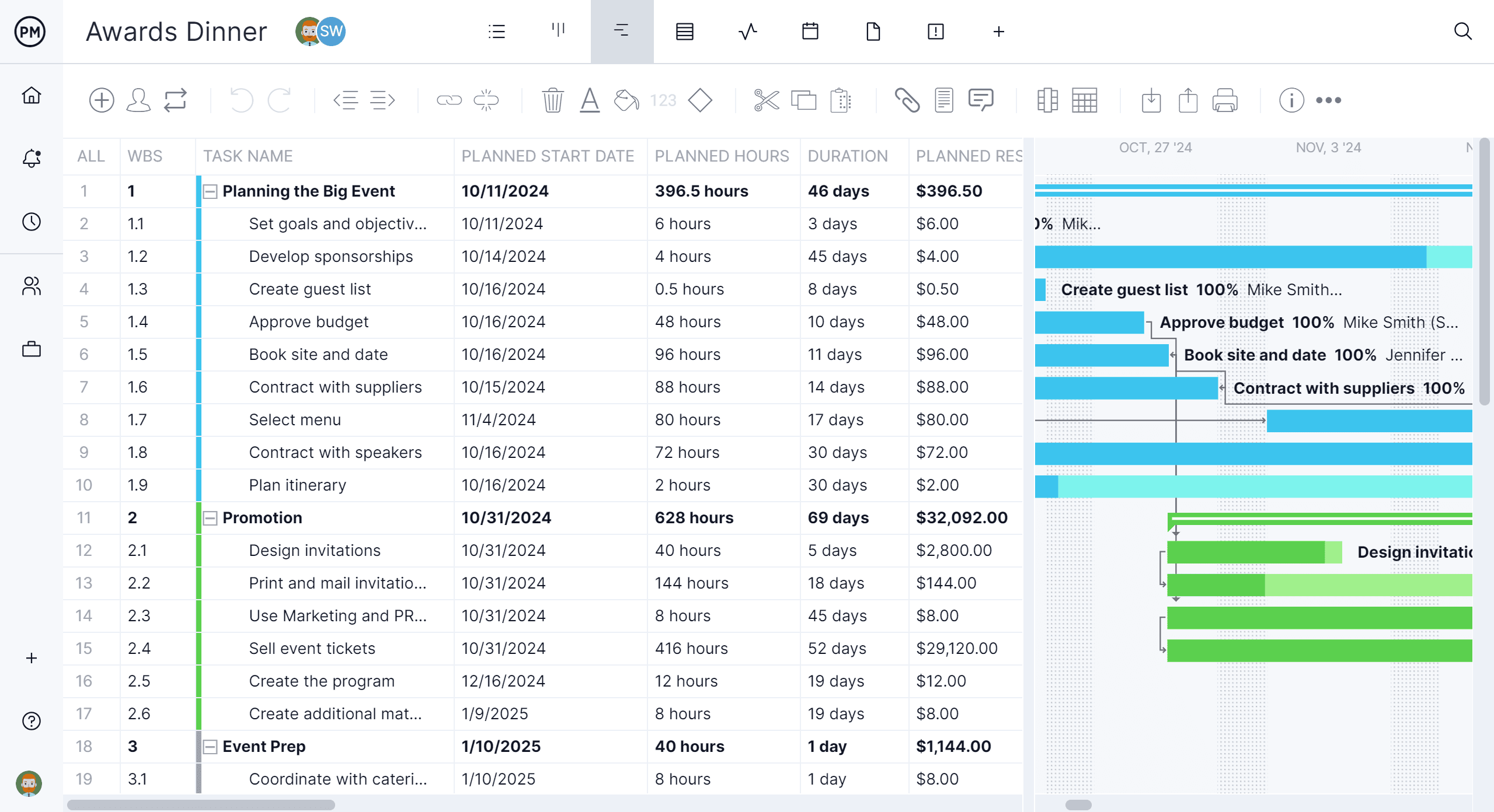 Event Planning Gantt Chart in ProjectManager