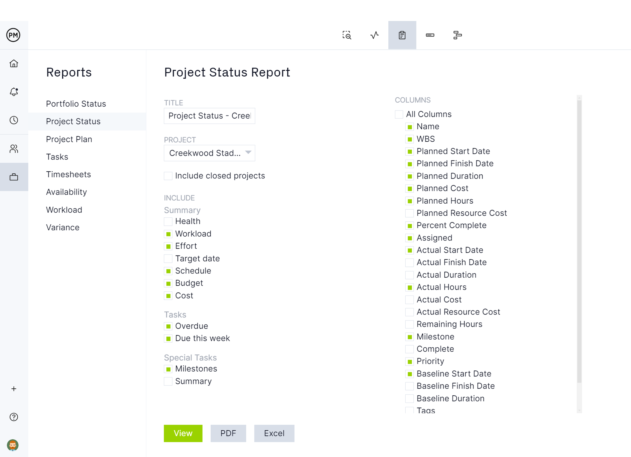 Project status report within project reporting software