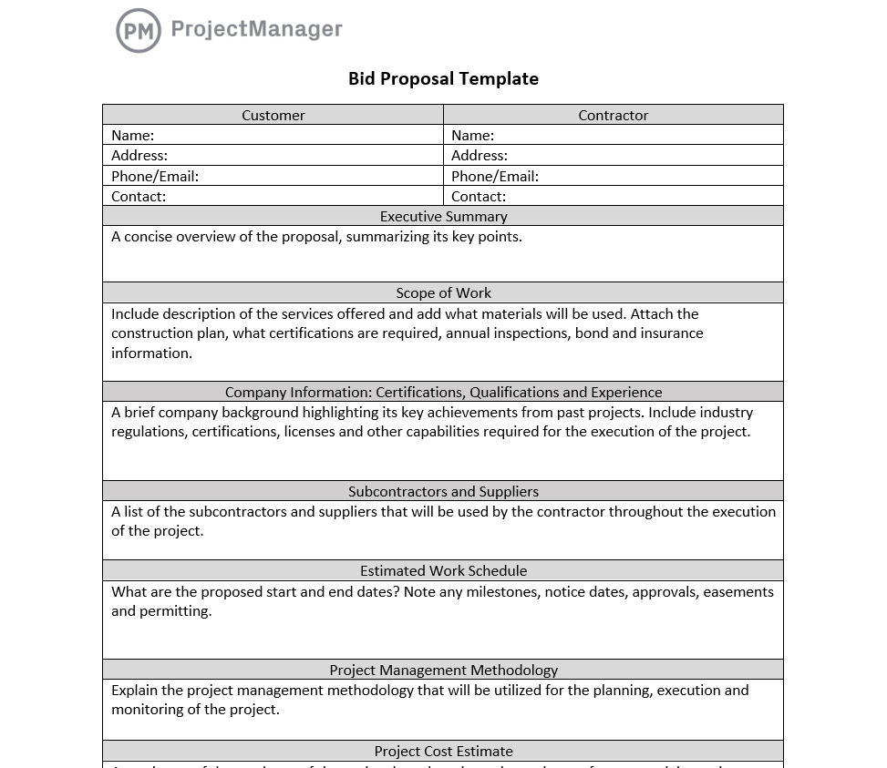 ProjectManager's bid proposal template