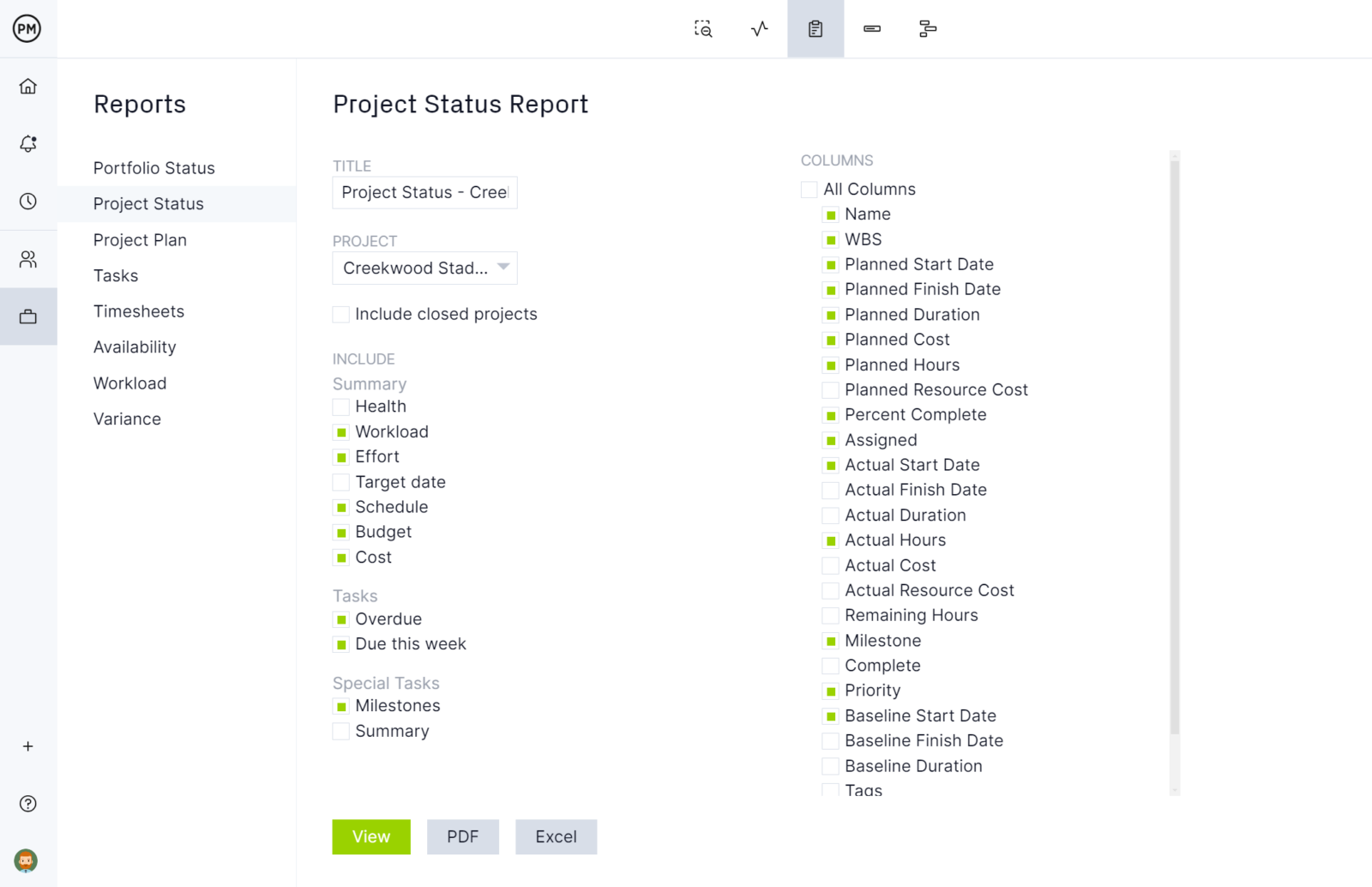 Project status report in ProjectManager