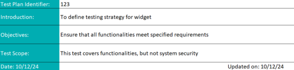 Basic identifying fields for a test plan template