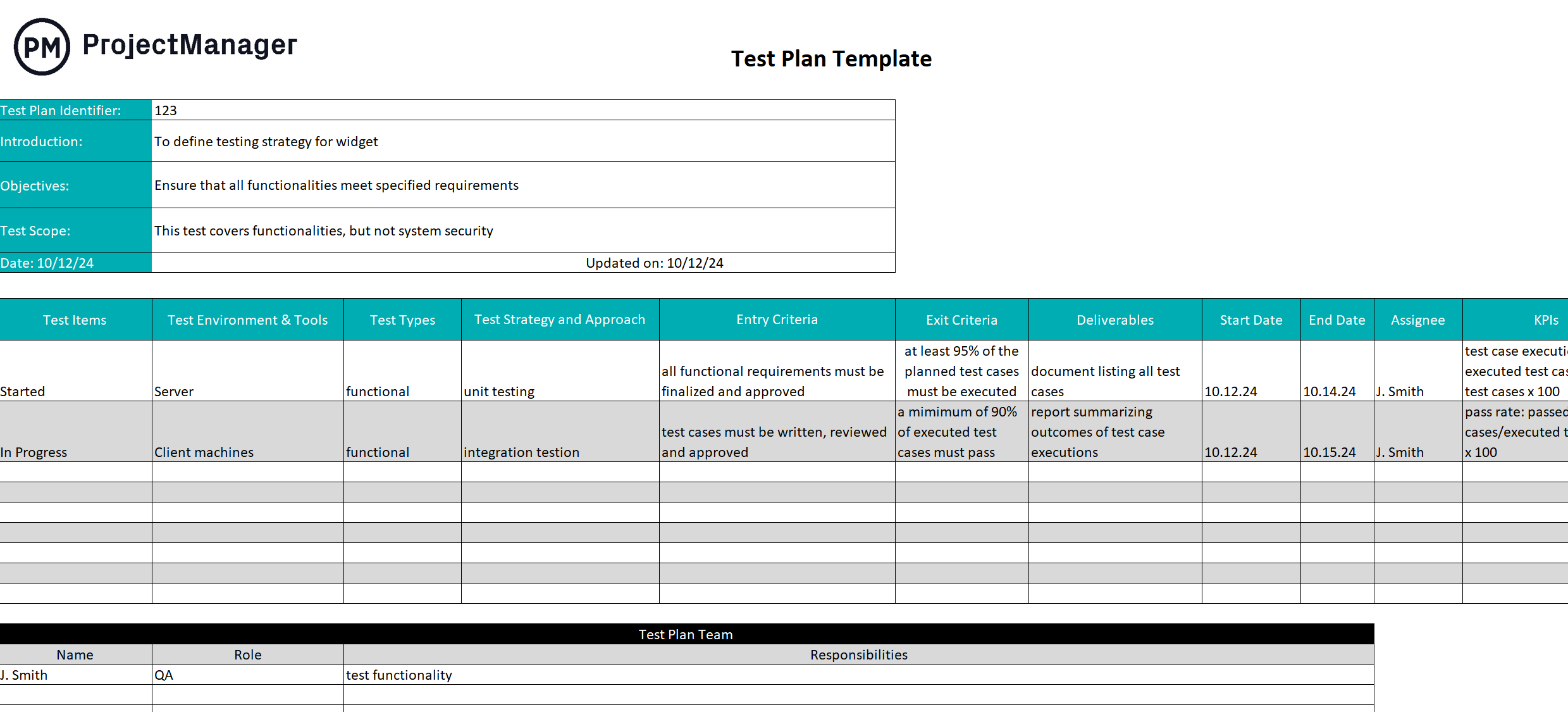 Free test plan template for Excel